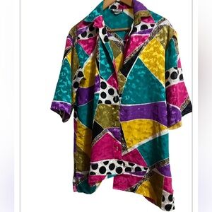 Vtg Yourway Multicolor Blouse Short Sleeve Button Up Colourful Sz L Women